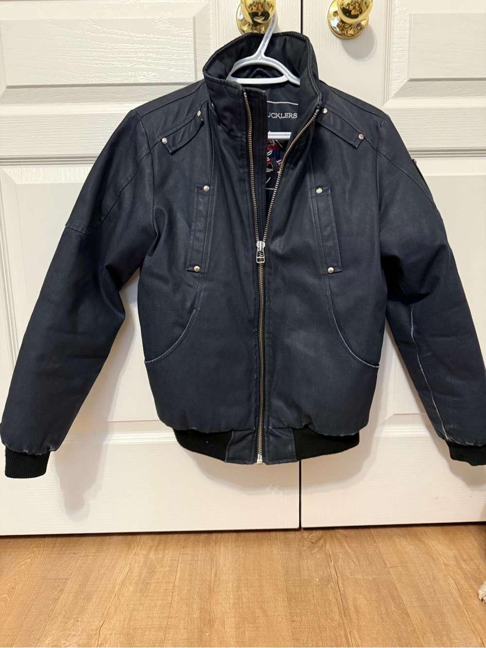 Moose Knuckles Boys Denim Bomber Jacket, Size L, Detachable Fur Hood